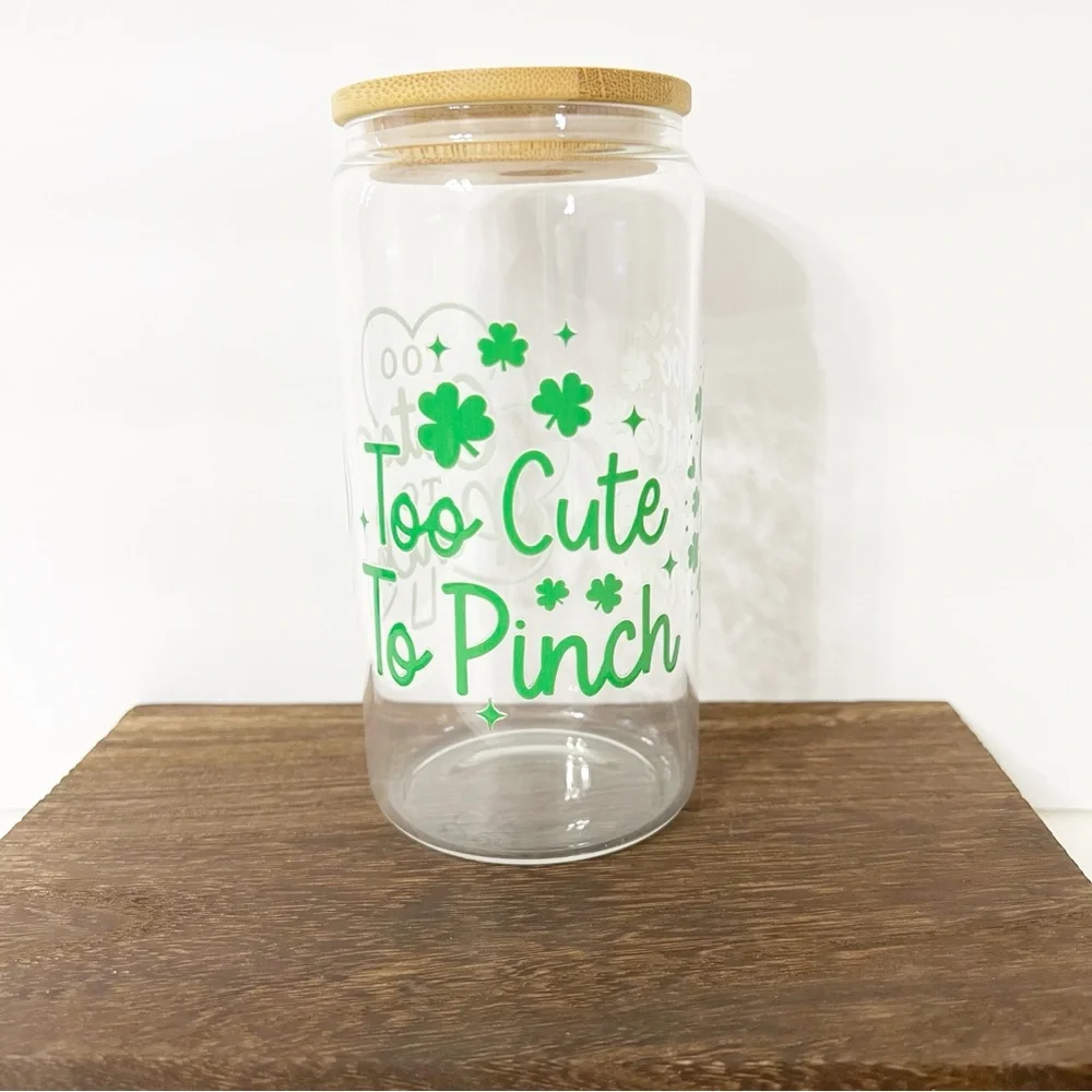 “Too Cute To Pinch” Libbey Glass Can with Bamboo Lid and Straw